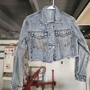 SHEIN Light Blue Cropped Denim Jacket with Rhinestone Fringe